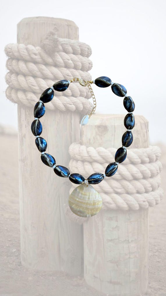 Mooring | Handmade Shell Pendant Necklace | Navy Coastal Statement Jewelry | REEL BLUES | Waq & Wire