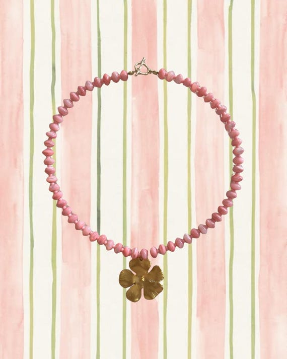 Pink & Gold Beaded Flower Pendant Necklace | Handmade Coastal Jewelry