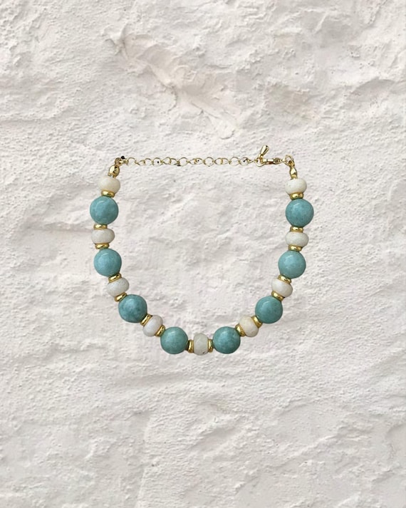 Blue Clay | Turquoise Jade & Gold Beaded Bracelet | Handmade Coastal Jewelry | Salted Stone