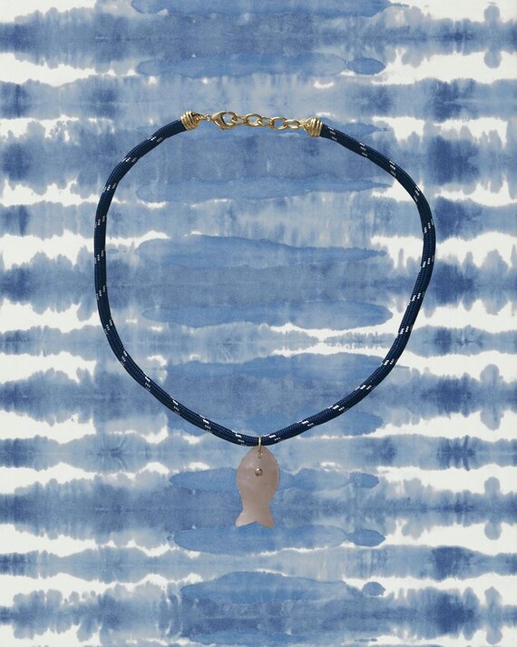 Pink Quartz Fish Pendant Necklace With Navy Cord | Handmade Coastal Jewelry