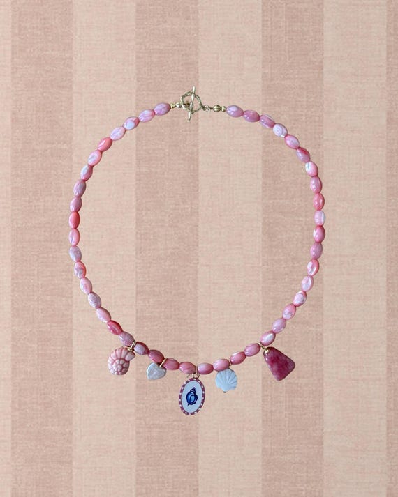 Pink Beaded Coastal Charm Necklace | Coral Statement Jewelry