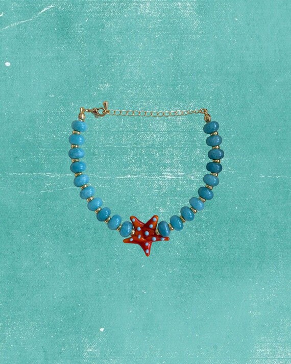 Turquoise & Gold Beaded Bracelet with Starfish | Handmade Coastal Jewelry