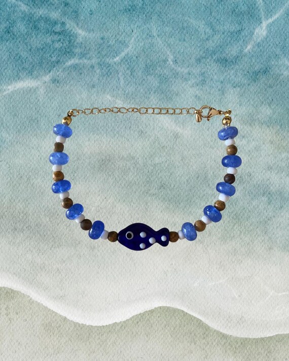 Tigers Eye, Navy, White Beaded Bracelet with Glass Fish Charm | Handmade Coastal Jewelry