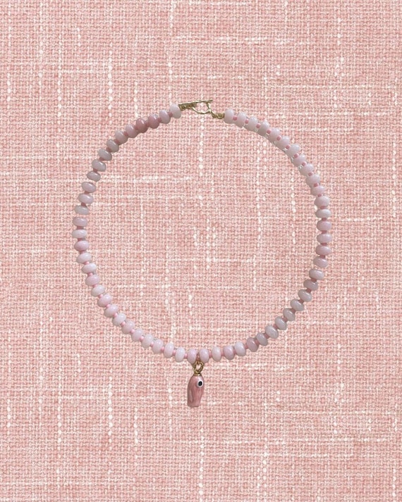 Light Pink Beaded Necklace | Ceramic Fish Charm, Coastal Jewelry