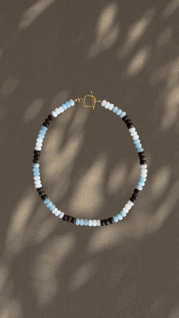 Market Day | White, Blue & Brown Beaded Necklace | Coastal Jewelry | The Local Edit