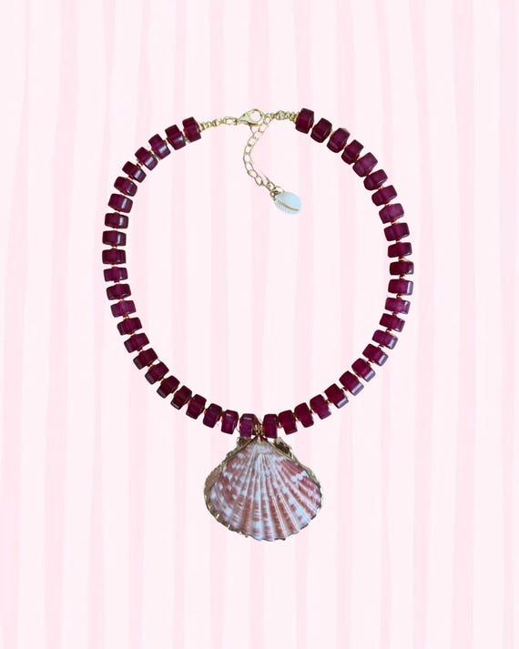 Scallop Shell Statement Necklace | Magenta & Gold Beaded Beach Inspired Jewelry
