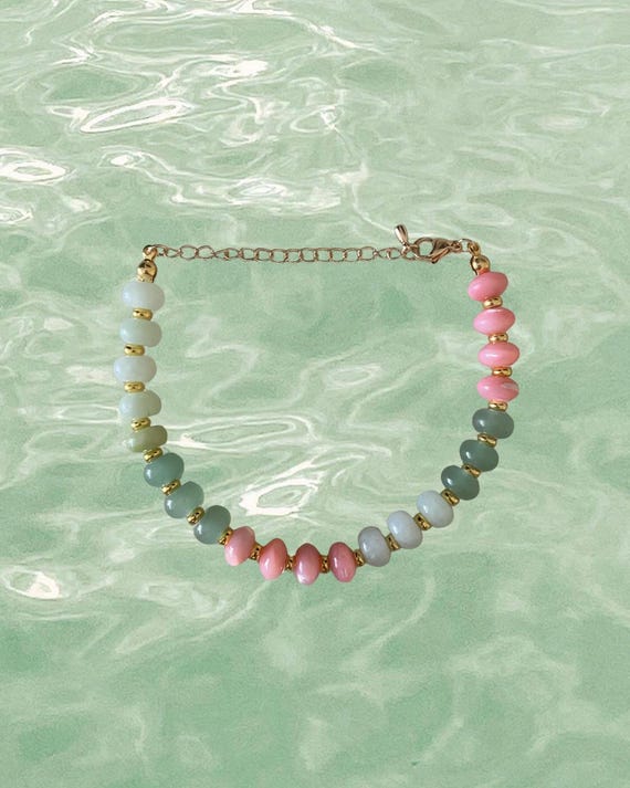 Green, Pink & Gold Beaded Bracelet | Handmade Coastal Jewelry
