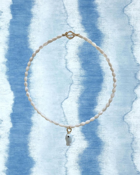 Mother of Pearl Beaded Necklace with Light Blue Fish Charm | Handmade Coastal Jewelry