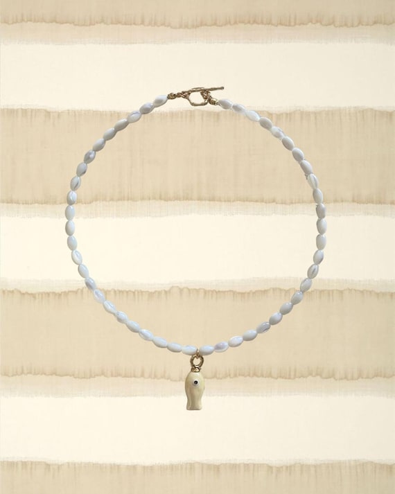 Mother of Pearl Beaded Necklace with Pale Yellow Fish Charm | Handmade Coastal Jewelry