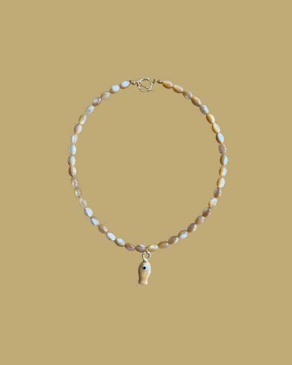 Golden Mother of Pearl Beaded Necklace with Fish Charm | Handmade Coastal Jewelry