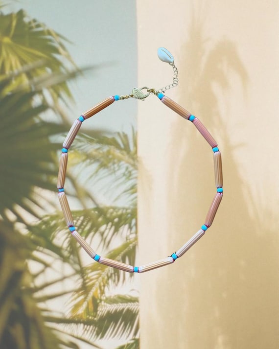 Orange & Blue Tube Bead Necklace | 24k Gold Filled Koi Fish Clasp | Coastal Layering Necklace