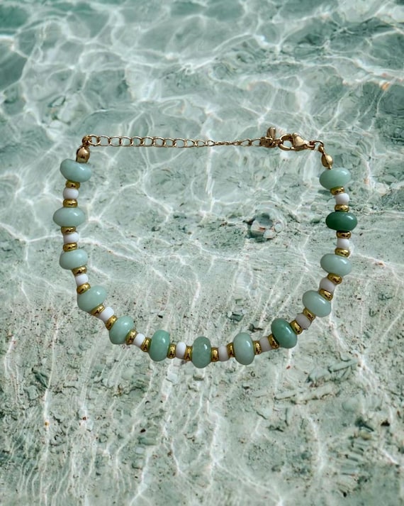 Seafoam, White & Gold Beaded Bracelet