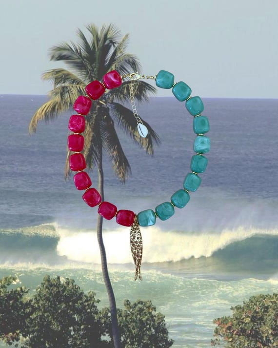 Guava Glow | TROPIC HEAT | Chunky Pink, Green & Gold Beaded Necklace with Fish Pendant