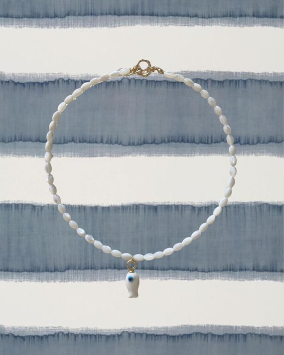 Mother of Pearl Beaded Necklace with White Fish Charm | Handmade Coastal Jewelry