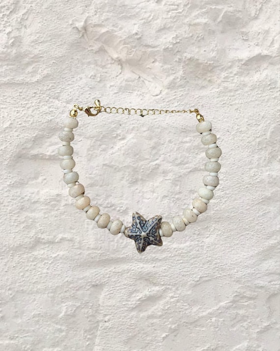 Salt Caves | Cream & Gold Beaded Bracelet with Ceramic Starfish | Handmade Coastal Jewelry | Salted Stone