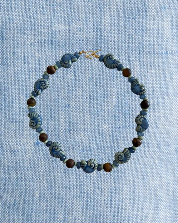 Wood & Blue Ceramic Snail Shell Beaded Necklace | The Seaborne Signature