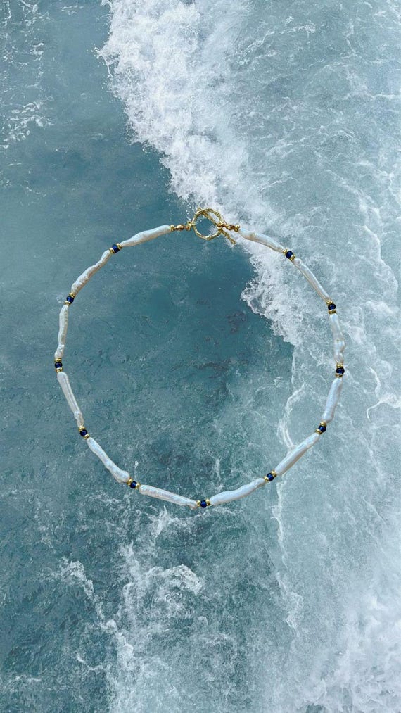 Pearl, Navy & Gold Bead Necklace