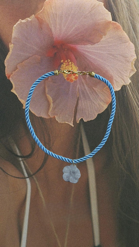 Hilo Necklace | Light Blue Silk Cord Clear Quartz Hibiscus Flower Necklace | Tropical Beach Jewelry | Lei'd Back Collection