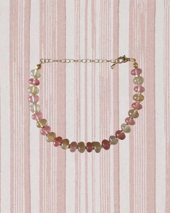 Pink & Pale Yellow Beaded Bracelet with Gold Heart Spacers | Handmade Coastal Jewelry