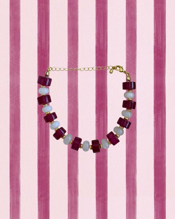 White, Gold & Magenta Beaded Bracelet | Handmade Coastal Jewelry