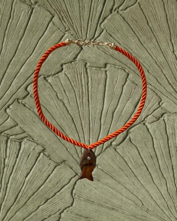Sunstone Fish Pendant Necklace with Orange Braided Silk Rope Cord | Handmade Coastal Jewelry