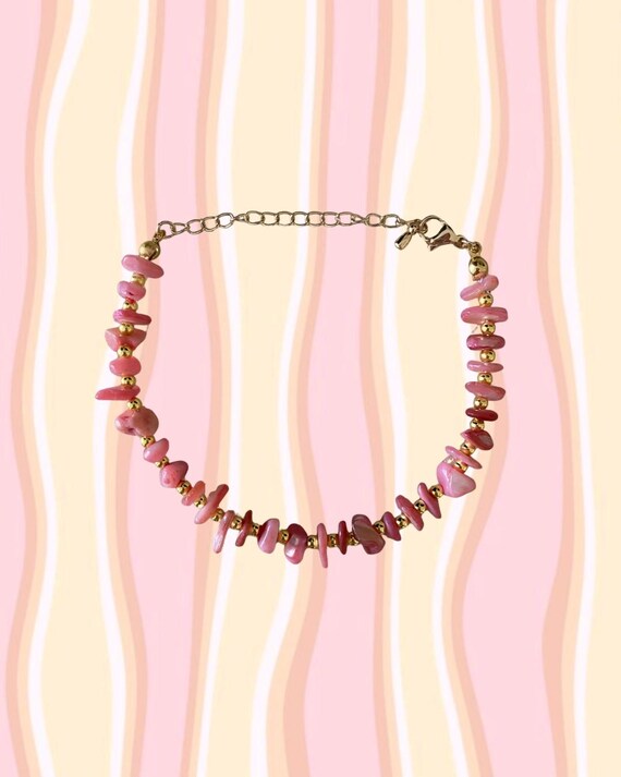Pink Irregular Pebble Nugget & Gold Beaded Bracelet | Handmade Coastal Jewelry