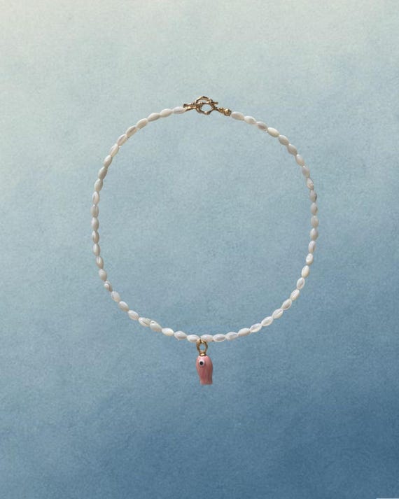 Mother of Pearl Beaded Necklace with Pink Fish Charm | Handmade Coastal Jewelry