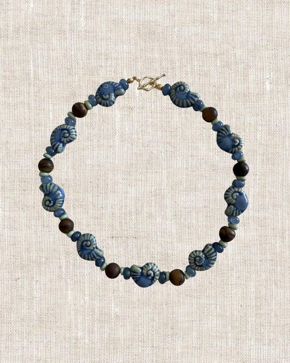 Wood & Blue Ceramic Snail Shell Beaded Necklace | The Seaborne Signature