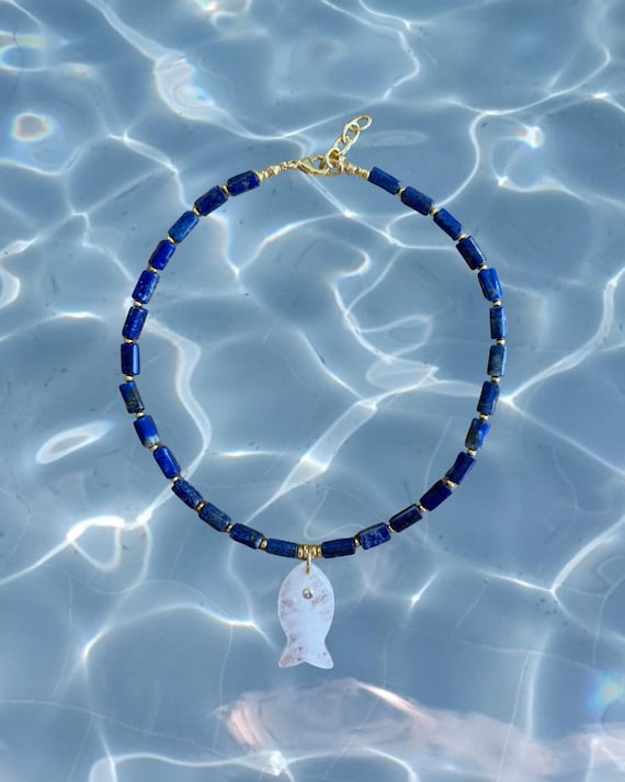 Lapis & Quartz Fish Necklace | Gold Filled Coastal Charm Necklace