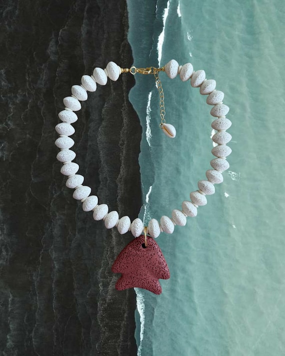 White Ash | Coastal Lava Stone Beads with Terracotta Fish Pendant