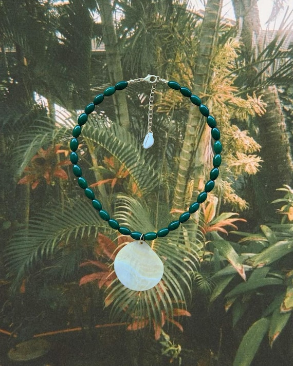 Jungle Moon | TROPIC HEAT | Emerald Green Rice Beads with Shell Pendant | Statement Jewelry