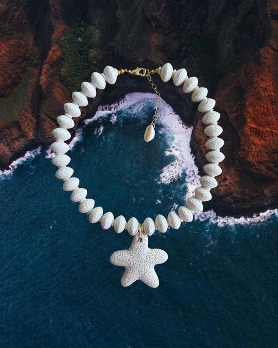White Ash | Coastal Statement Jewelry | White Lava Stone Beads with Starfish Pendant