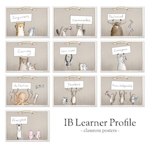 Op de afbeelding: Een reeks klasposters met dierlijke illustraties. Elke poster toont een IB Learner Profile-eigenschap, zoals "Inquirers", "Communicators" en "Thinkers", met bijbehorende dieren die borden vasthouden. De tekst "IB Learner Profile" is ook aanwezig.