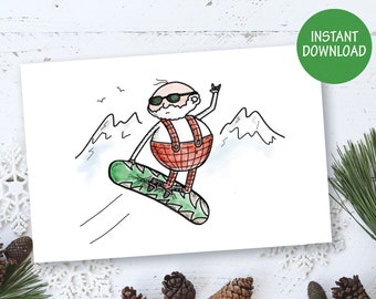 Cool Snowboarder Santa Christmas Card - digital download