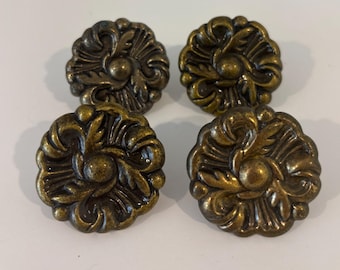 Set of 4 Vintage Floral Metal Cabinet Knobs, Chateau Style Hardware