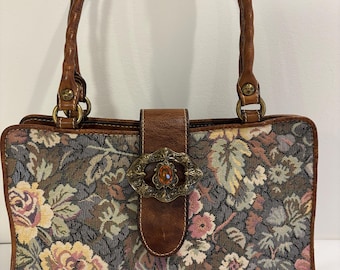 Patricia Nash Verdura Bosque sac à main tapisserie florale et côtés en cuir marron 3 sections intérieures doublées de velours