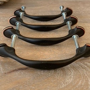 SET of FOUR MCM black handles copper distressing drawer pulls cupboard handles 4.75” long screws included 3.25&quot; hole to hole cabinet pulls
