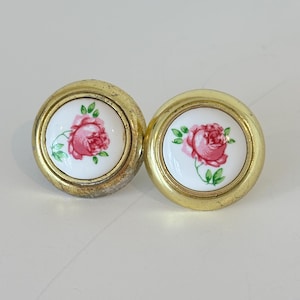 SETS OF vintage porcelain gold toned knobs dresser pulls white with pink floral comes w/screws 1.25" diameter