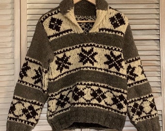 Cowichan Vintage thick wool pullover sweater shawl collar North Star pattern throughout argyle long sleeves grey brown cream size small