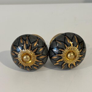 Shabby Chic Gray Ceramic Knobs, Gold Accent Hardware (Set of 2)