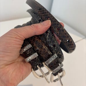 May include: Several brown and black leather belts with silver buckles are held in a hand. The belts have a snakeskin pattern. The buckles have an ornate design.