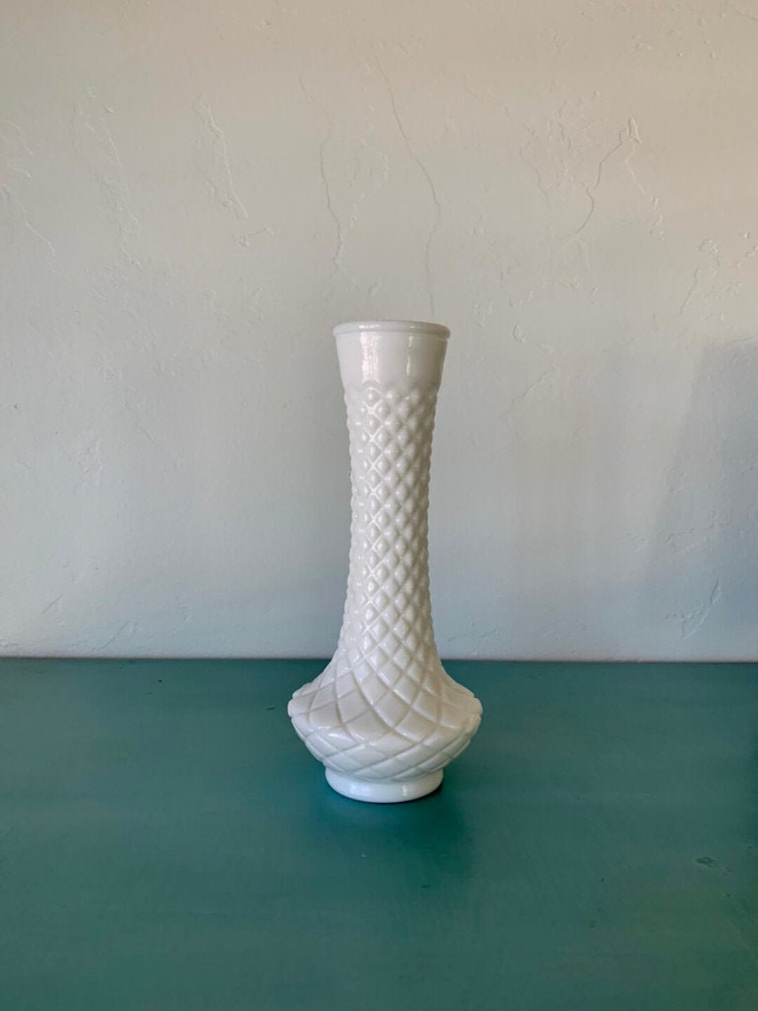 Vintage Milk Glass Flower Vase Diamond Shaped Pattern Etsy