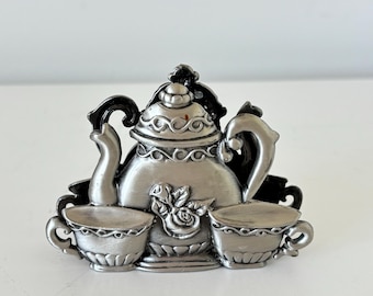 Vintage Pewter napkin holder small teapot and teacups metal business card holder