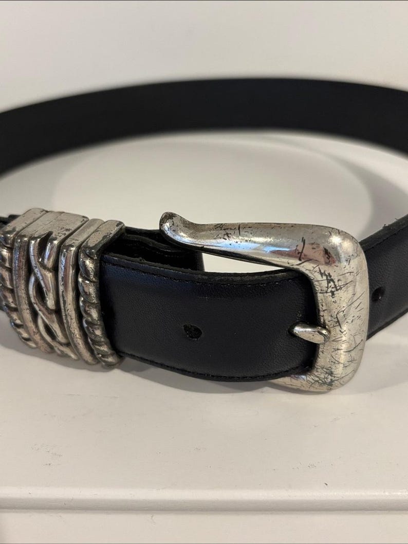 Brighton navy blue leather belt silver-tone buckle decorative braided metal size small image 3