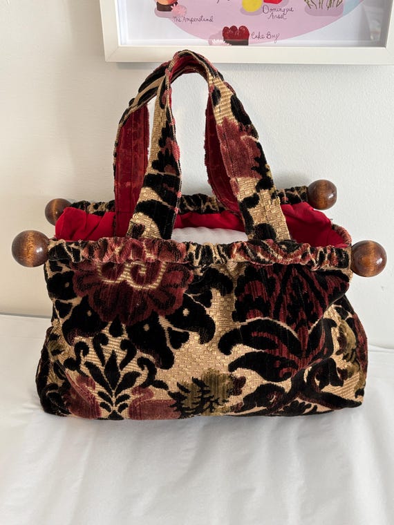 Vintage brocade satchel knitting top handle hand bag wooden dowels brown burgundy beige carpet bag satchel