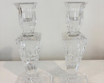 Candelabros vintage de cristal transparente, JUEGO DE DOS portavelas de 16,5 cm de alto, NUEVOS