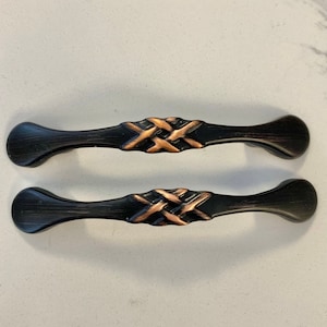 SET of TWO MCM black handles copper detailing drawer pulls cupboard handles 4” long handles screws included 3&quot; hole to hole cabinet pulls