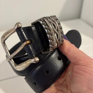 Brighton navy blue leather belt silver-tone buckle decorative braided metal size small image 2