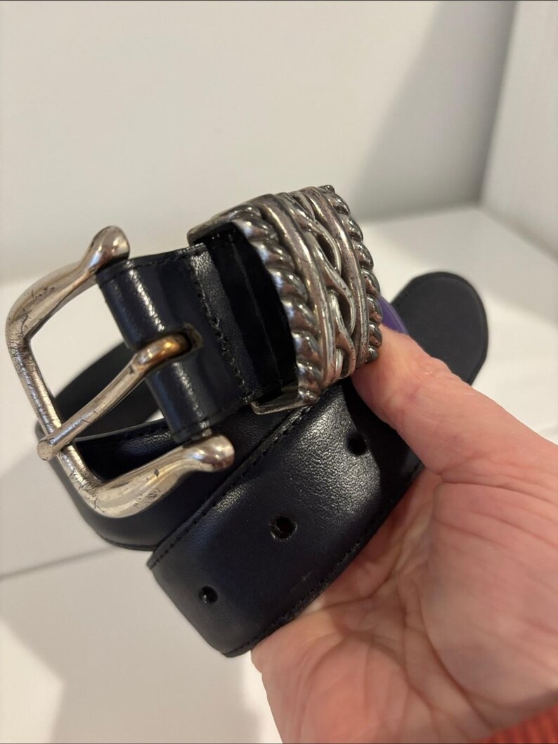 Brighton navy blue leather belt silver-tone buckle decorative braided metal size small image 2