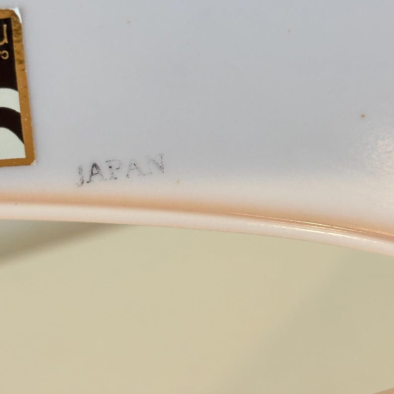 May include: A close-up of a pale pink dish with the word "JAPAN" printed in grey. A gold and brown sticker is visible in the upper left corner. The dish has a curved edge and a light beige background.